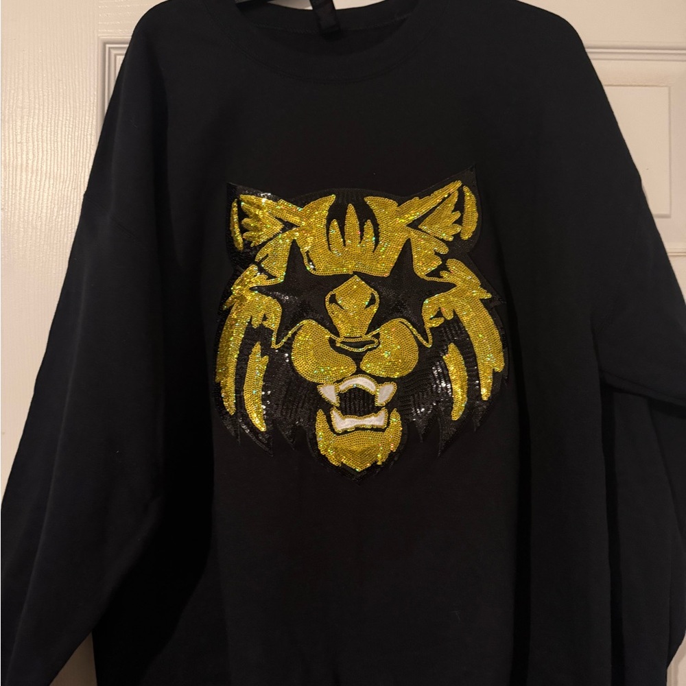 Gildan Black Heavy Blend Sweatshirt with black and gold sequin wild cat